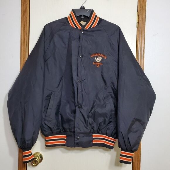 West Ark Satin Jacket Vintage 1980 Black Embroidered Lumberjack Baseball… - Picture 1 of 5